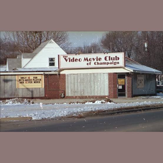 The Video Movie Club of Champaign in a modest storefront during winter