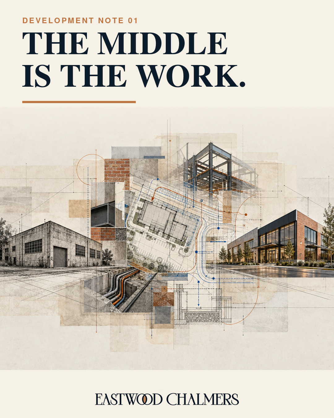 The Middle Is the Work campaign showing an overlooked building, plans, infrastructure and a finished property